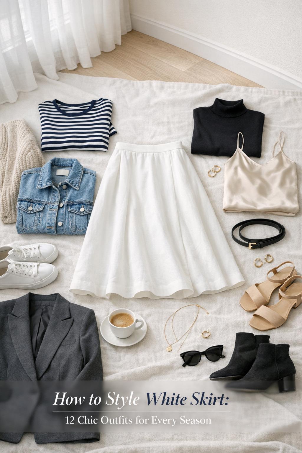 How to style white skirt flat lay with chic seasonal outfit pieces in a bright minimalist studio