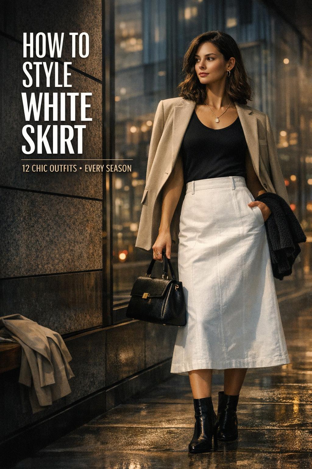 How to style white skirt cover featuring modern woman in white midi skirt, black top and blazer in moody city evening setting