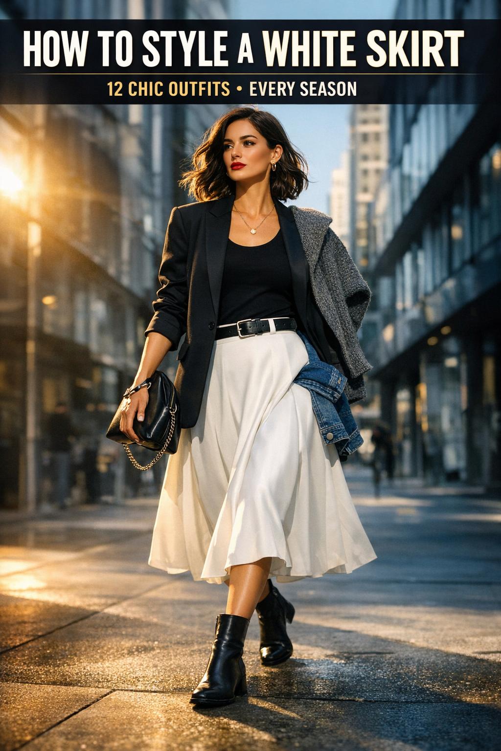 How to style white skirt with a crisp blouse and sandals on a sunny city street, photographed in natural light