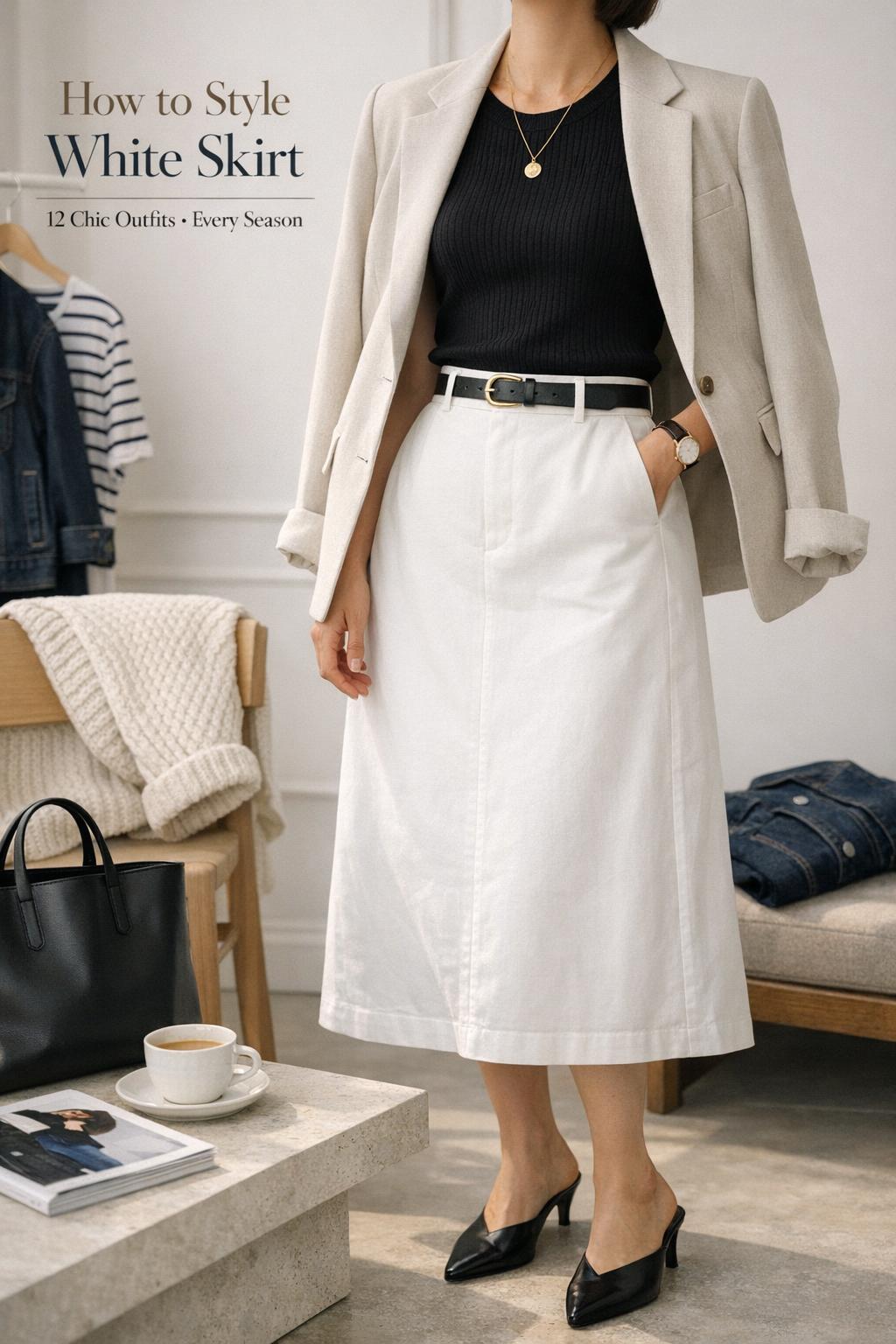 How to style white skirt outfit in a sunlit minimalist studio with black top, beige blazer, and pointed-toe mules