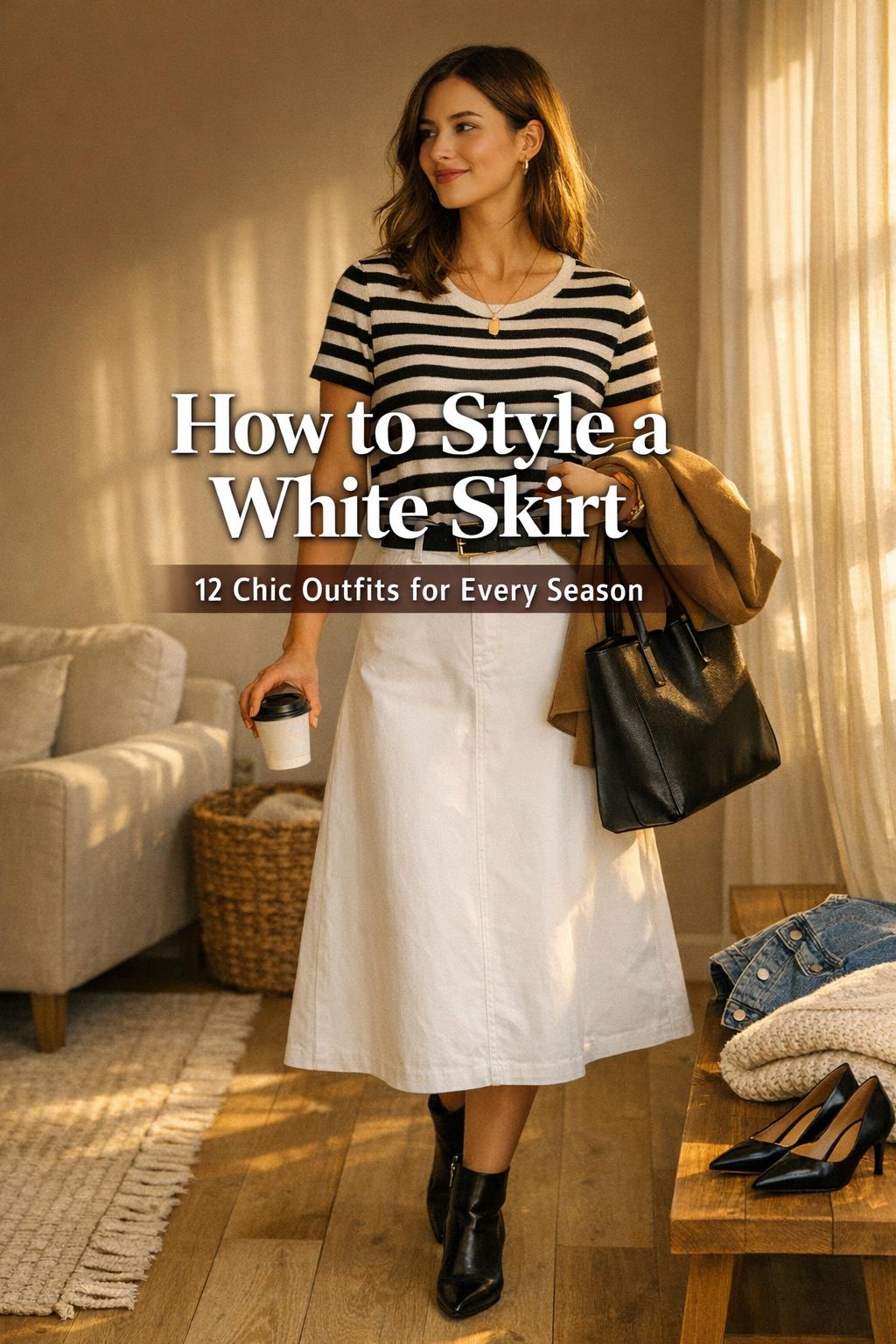How to style white skirt in a warm entryway: woman in white midi skirt with striped top, blazer, tote and coffee