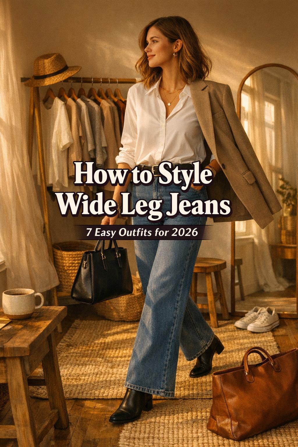 How to style wide leg jeans in a cozy entryway with a woman stepping out in high-waist jeans and a crisp white shirt