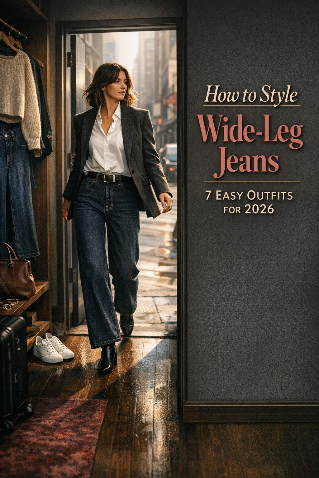How to style wide leg jeans: woman in indigo wide-leg denim with blazer and boots in a moody closet-to-street scene