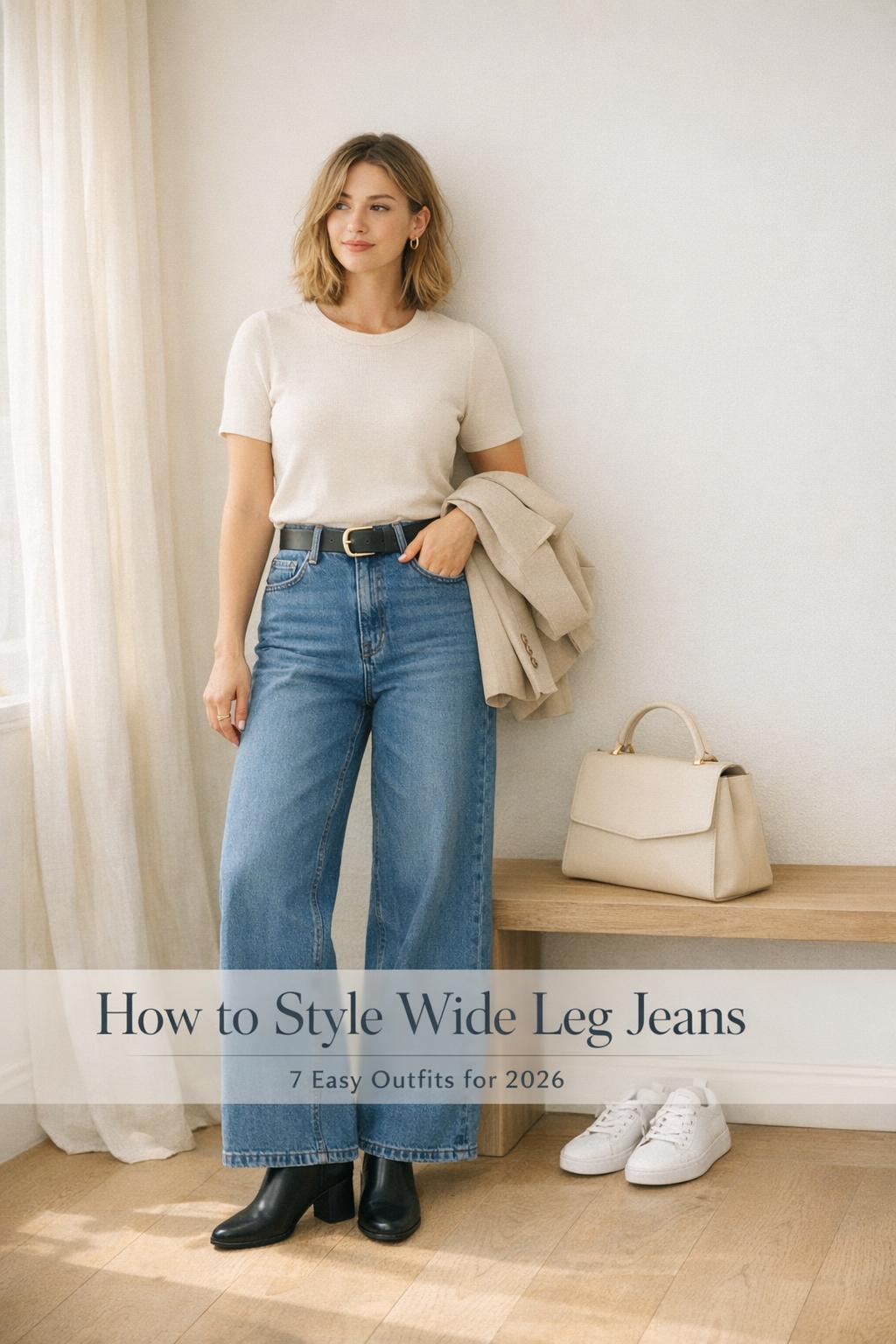 How to style wide leg jeans in a bright entryway, woman in belted medium-wash denim with blazer and ankle boots