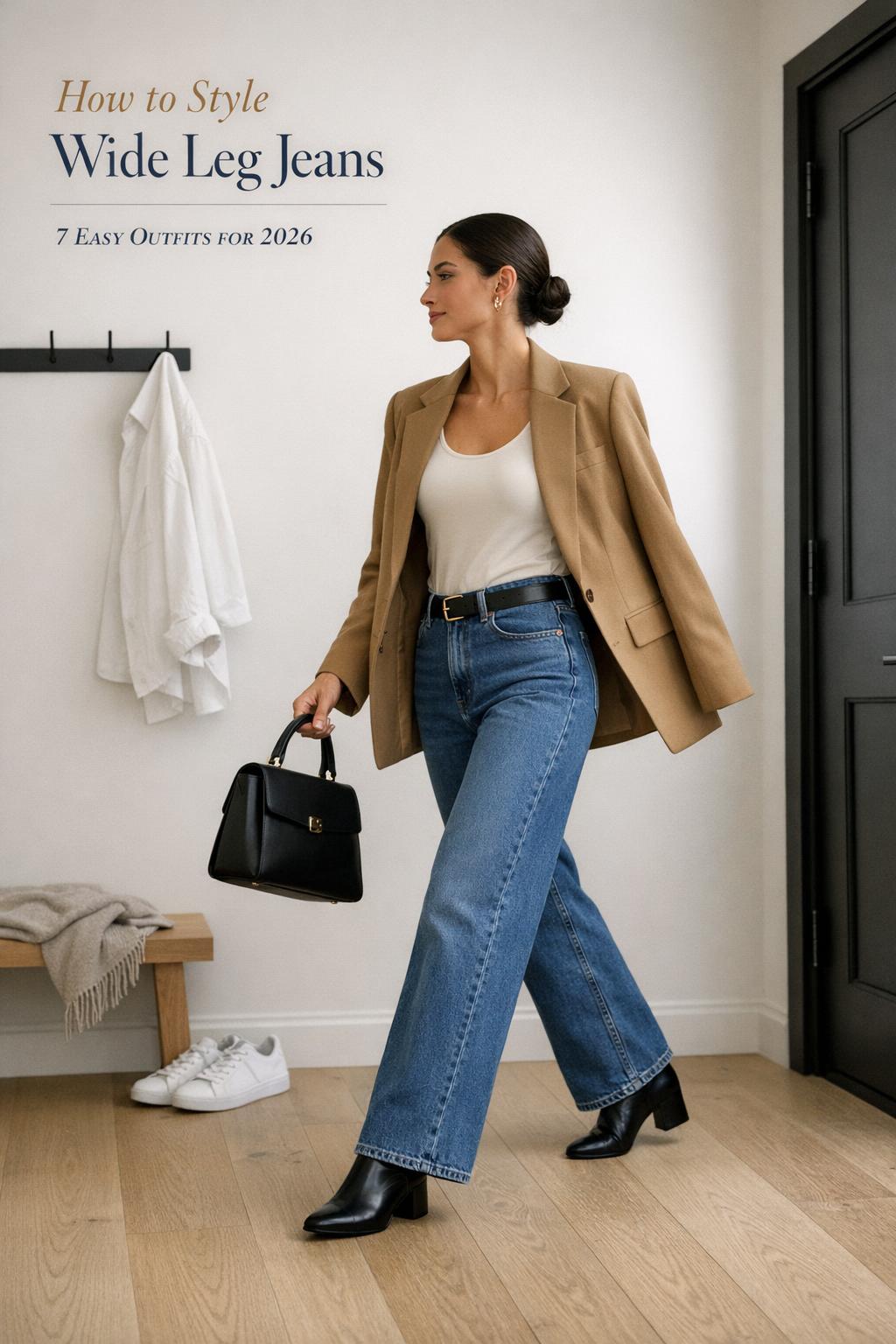 How to style wide leg jeans outfit with camel blazer and black ankle boots in a minimalist entryway lookbook photo