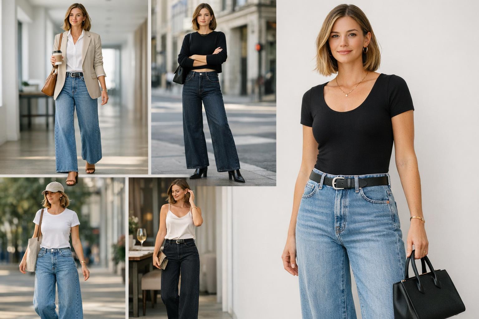 How to style wide leg jeans with a tucked tee, belt, and sneakers for a balanced everyday outfit