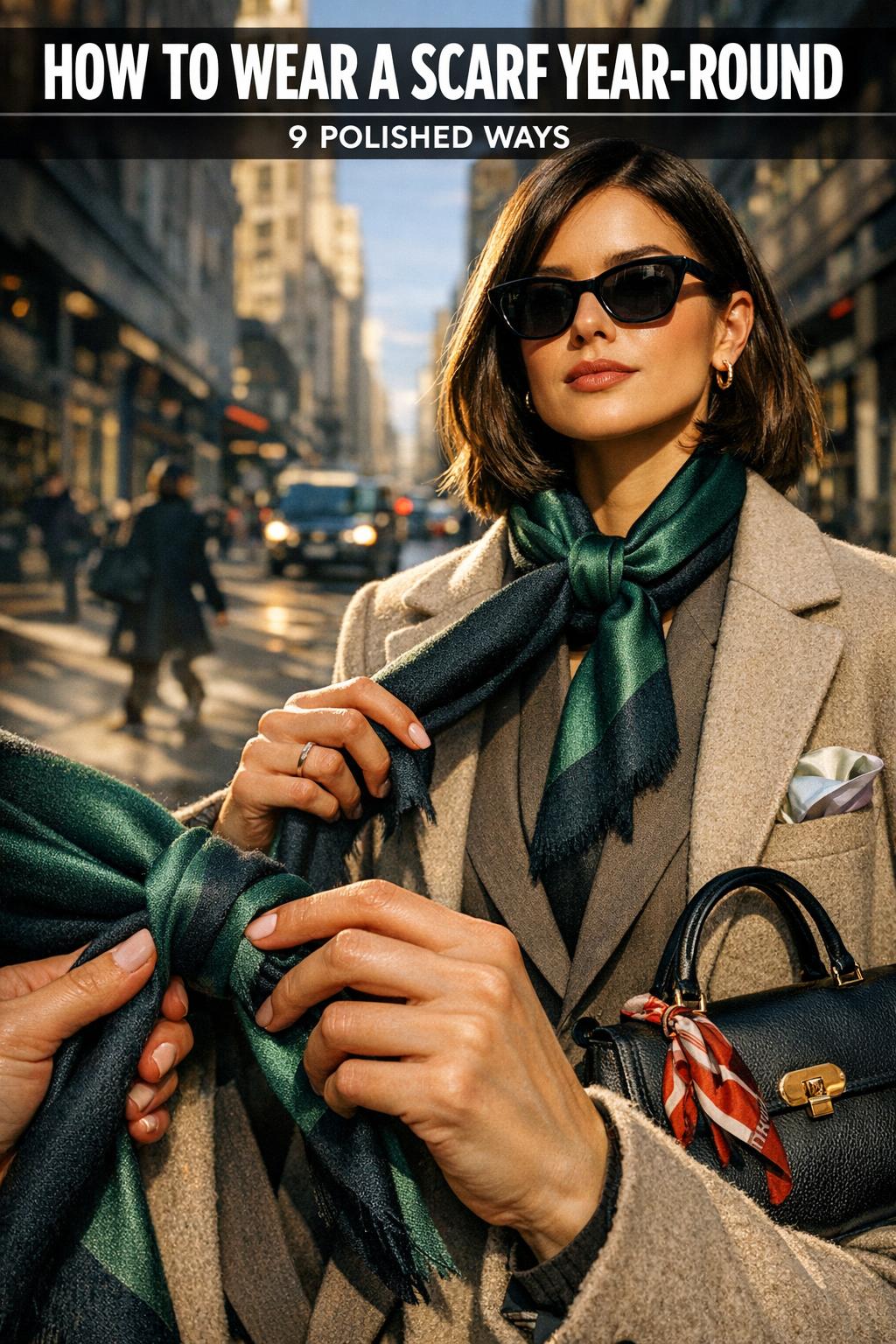 how to wear a scarf with a cozy knit outfit, wrapped neatly around the neck in a stylish street look