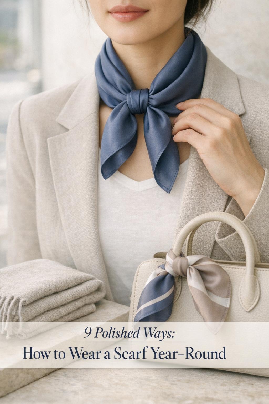 How to wear a scarf: close-up blazer and silk neck scarf knot with handbag and wool scarf in soft morning light
