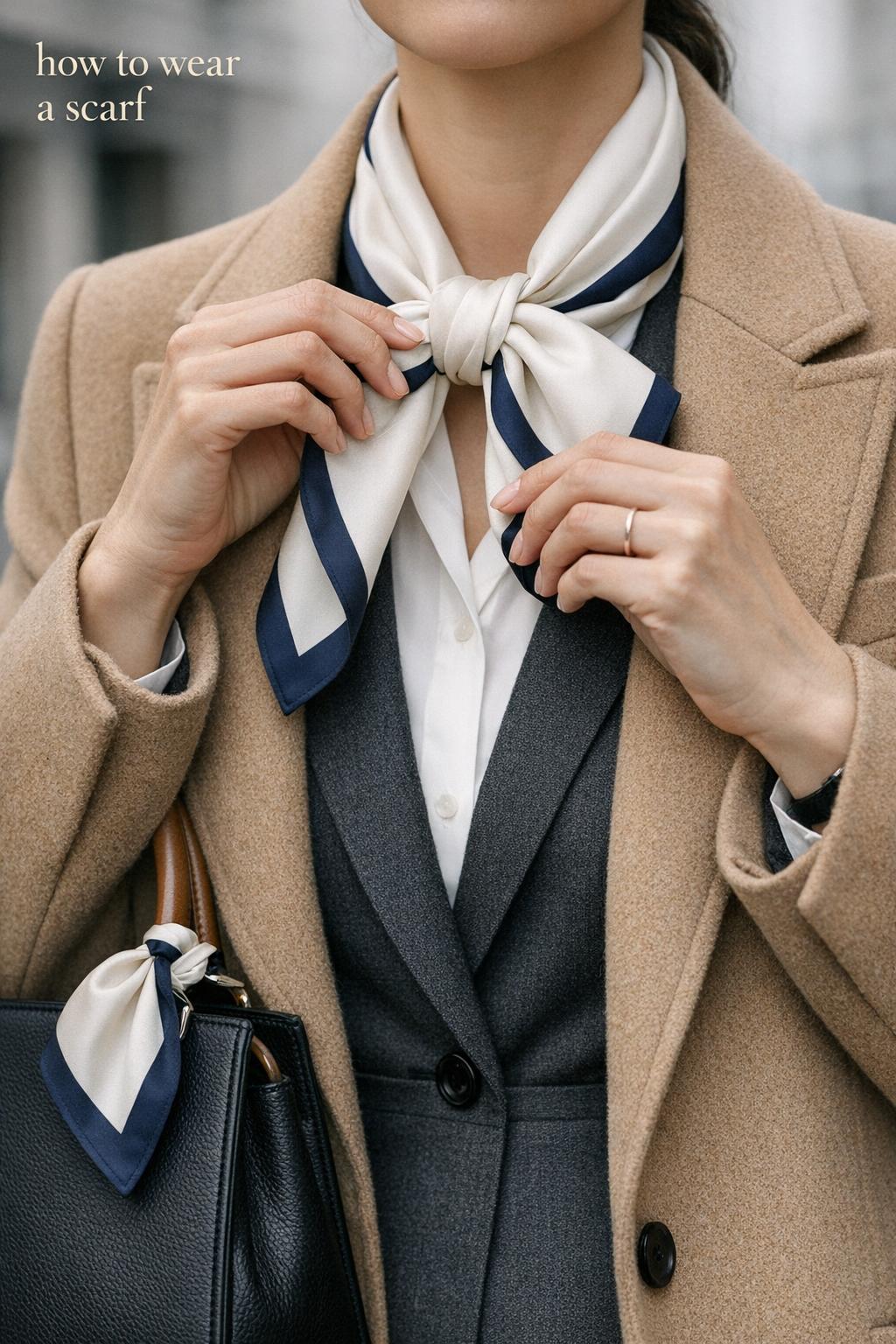 how to wear a scarf: woman tying an ivory silk scarf over a camel coat on a modern city street