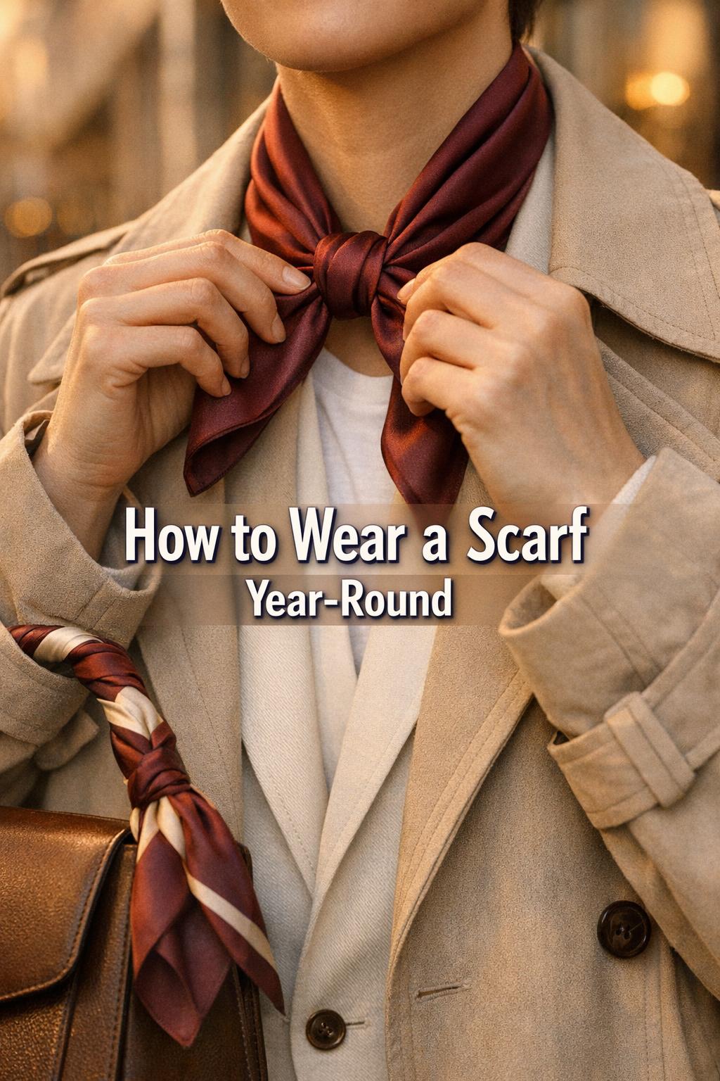 How to wear a scarf: hands tying a burgundy silk triangle scarf over a trench coat in golden-hour street style.