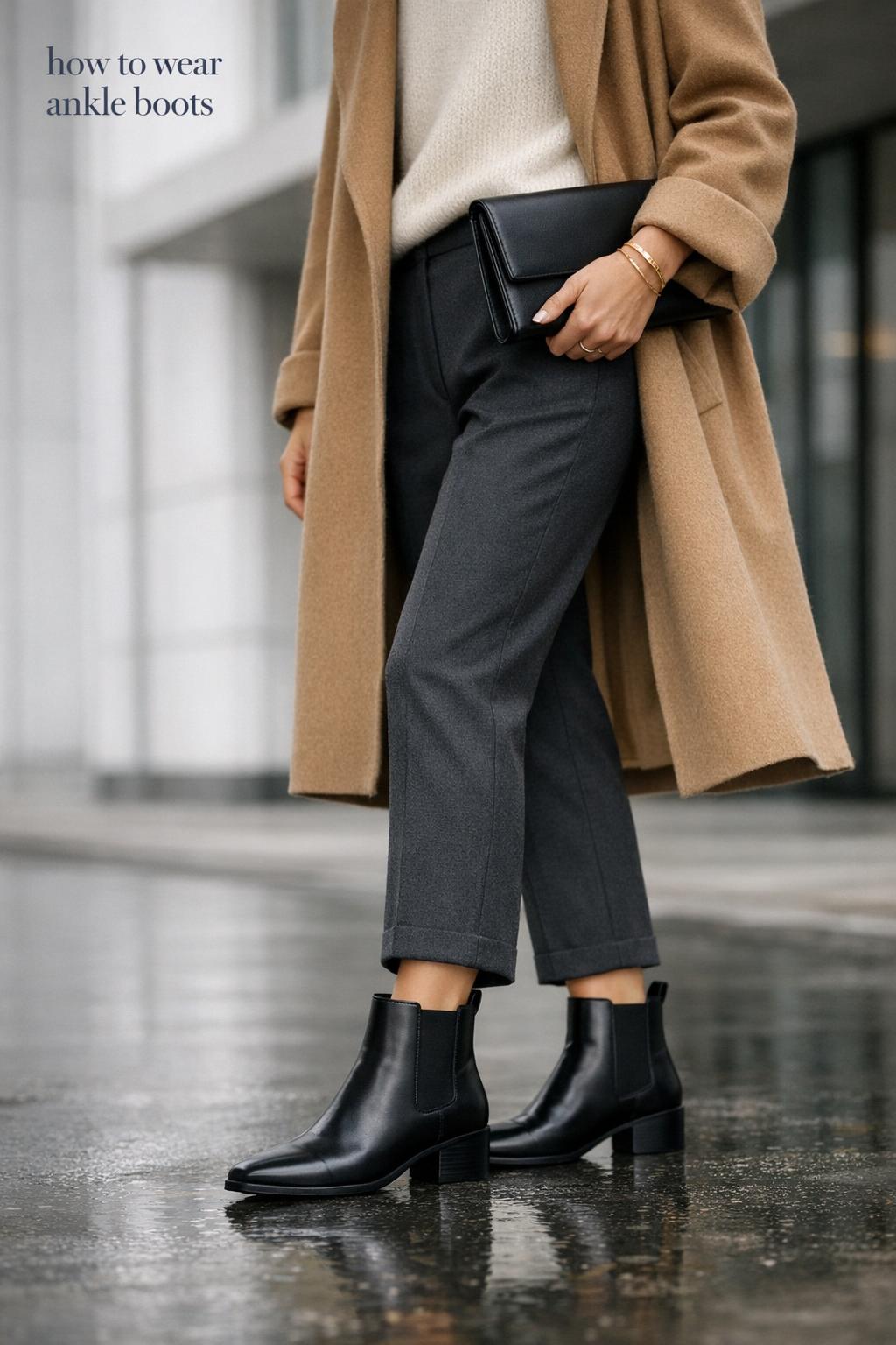 How to wear ankle boots with cropped charcoal trousers, camel coat, and black Chelsea boots on a modern city corridor