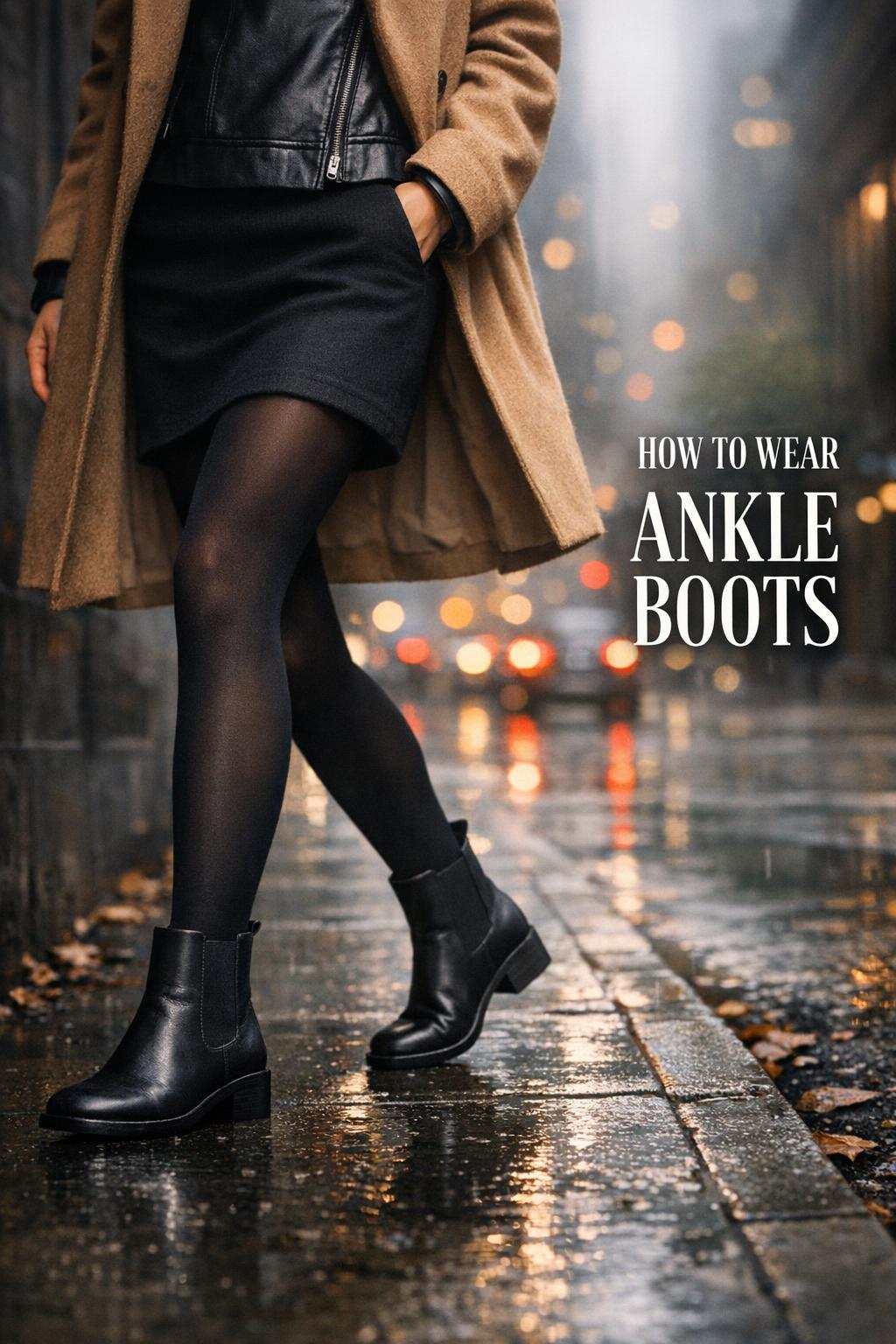 How to wear ankle boots in a rainy city lookbook, close-up of Chelsea boots with cropped trousers on wet pavement