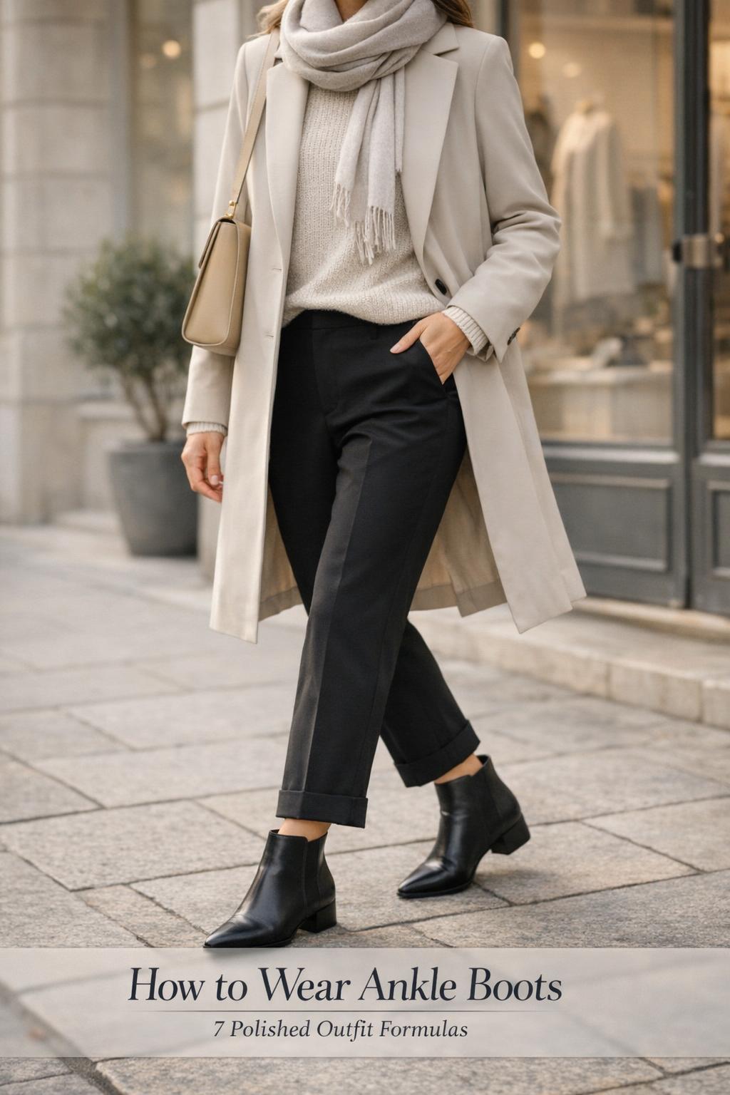 How to wear ankle boots street style with tan suede Chelsea booties, cropped trousers, trench coat, and minimalist bag