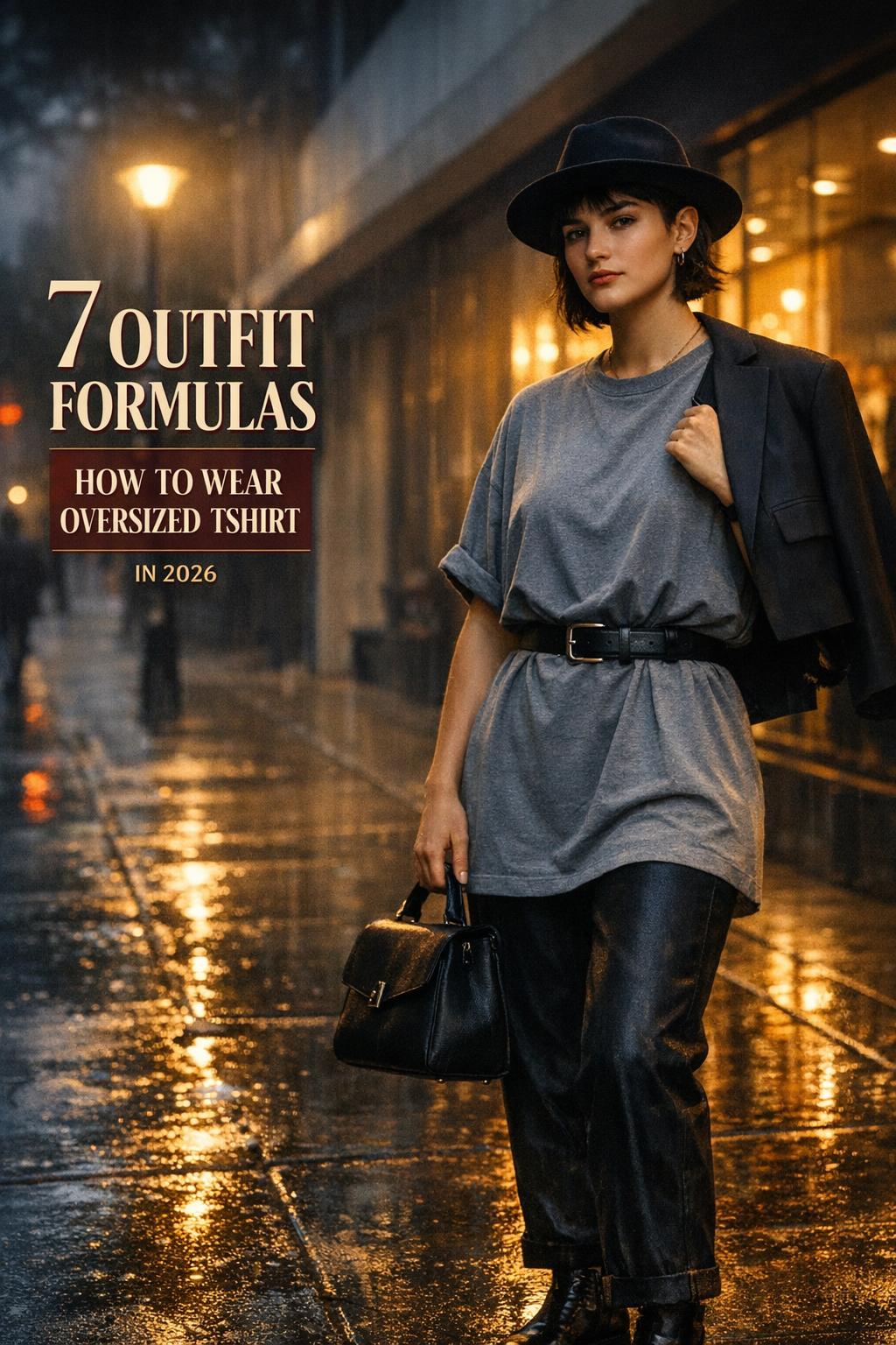 How to wear oversized tshirt guide on a moody city street at dusk, unisex model in oversized tee with editorial text overlay