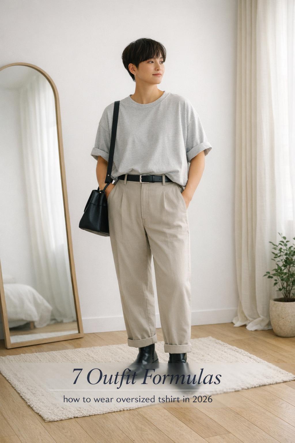 Minimalist entryway outfit guide showing how to wear oversized tshirt with front-tucked jeans, sneakers, and structured bag