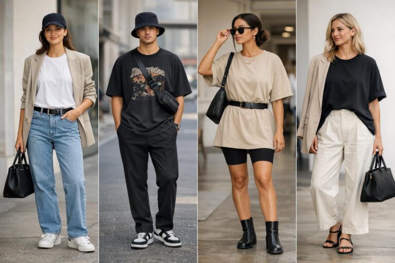 How to wear oversized tshirt with a French tuck, paired with high-waisted jeans and sneakers in a clean street style look