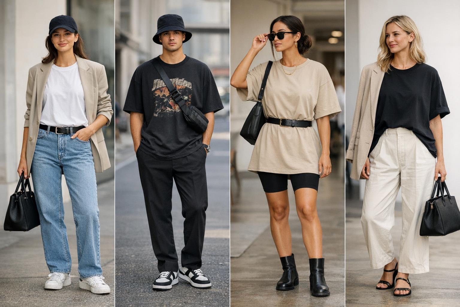 How to wear oversized tshirt with a French tuck, paired with high-waisted jeans and sneakers in a clean street style look