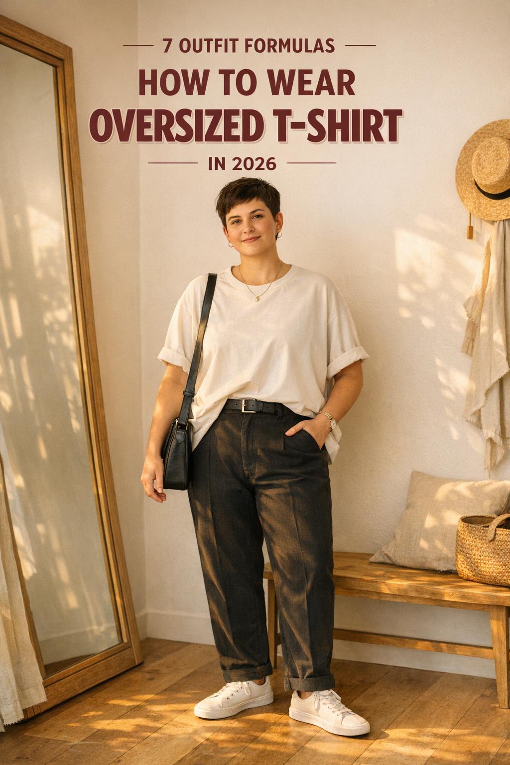 How to wear oversized tshirt outfit in a sunlit apartment hallway, person styling an oversized tee tucked into jeans