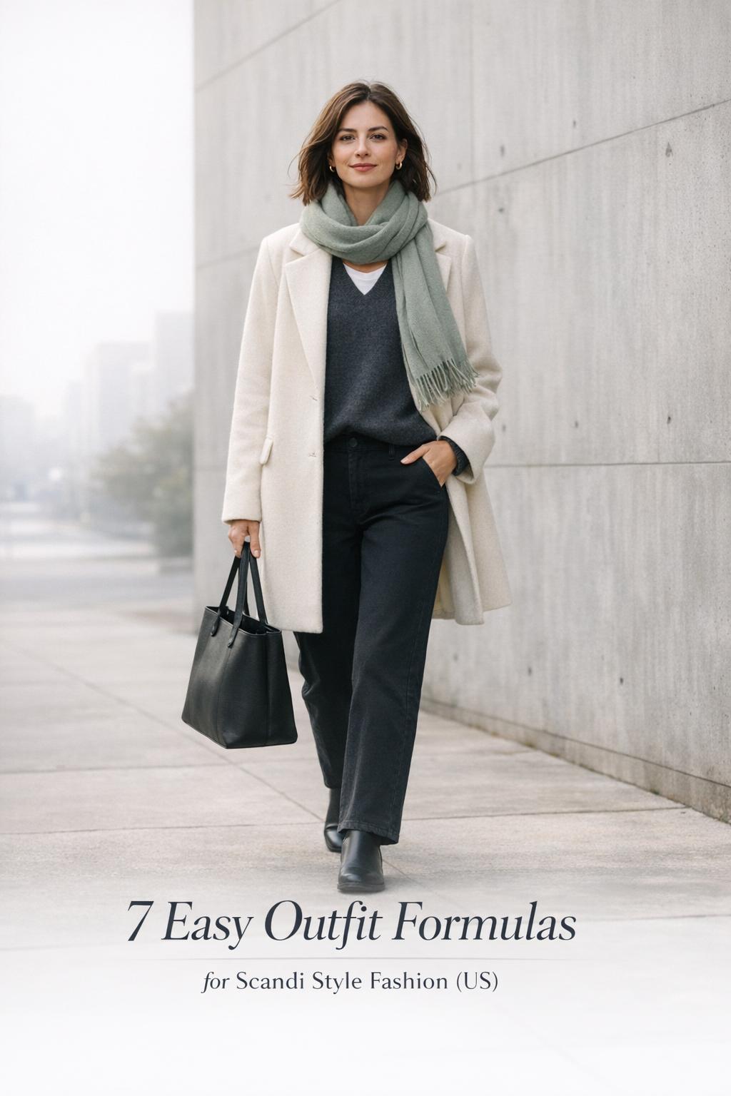 Scandi style fashion look with a stylish woman in a cream coat walking on a clean Nordic city sidewalk in soft morning light