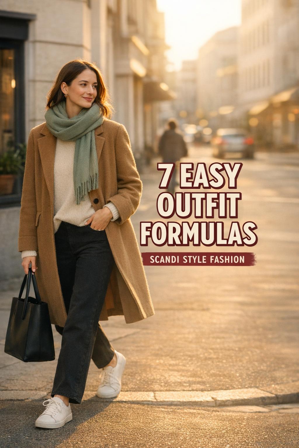 Scandi style fashion outfit formulas on a woman walking to a cafe in golden-hour light, Nordic minimalist street style