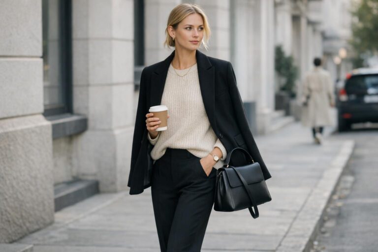 Scandi style fashion outfit with beige wool coat, cream knit, straight-leg denim, and minimalist leather boots