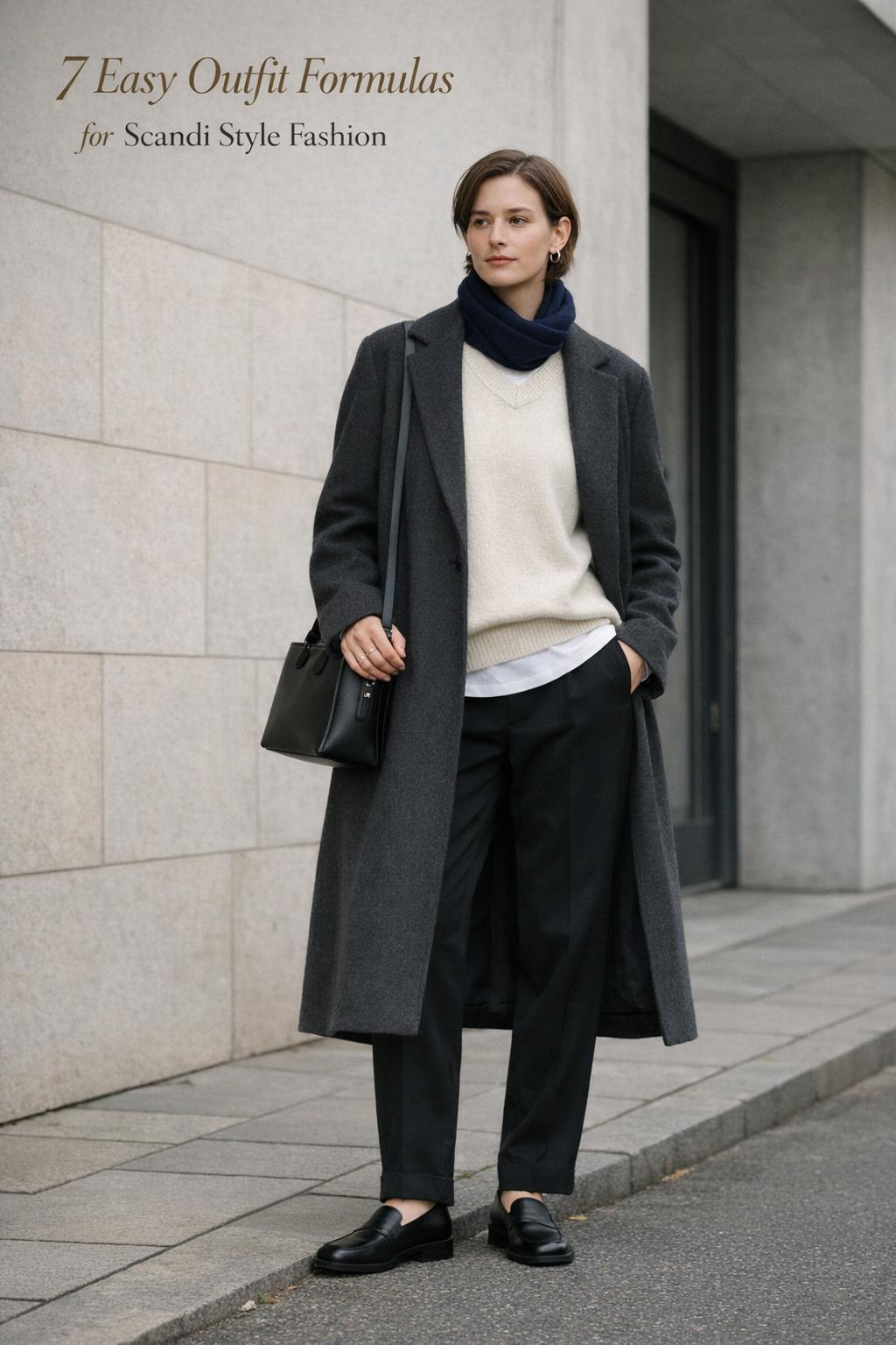 Scandi style fashion outfit with charcoal coat, cream knit sweater, black trousers in a minimalist Nordic city street