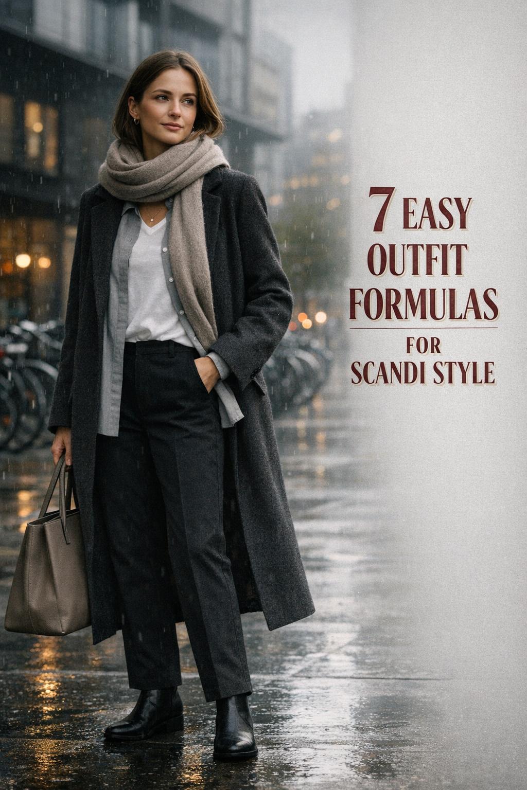 Scandi style fashion on a rainy Scandinavian city street, woman in neutral capsule outfit with wool coat and tote