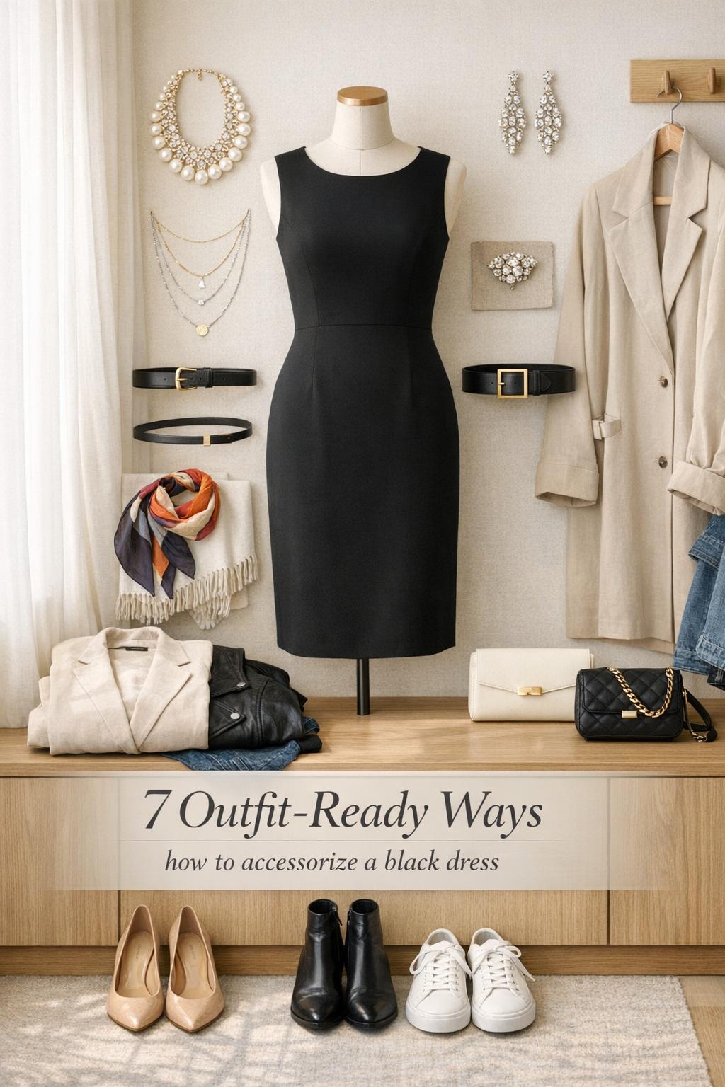 How to accessorize a black dress with jewelry, belts, scarves, jackets, bags, and shoes in a modern dressing area