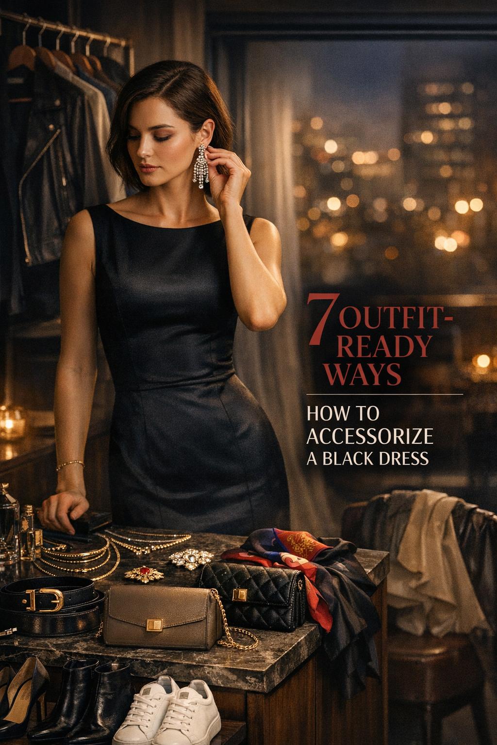 How to accessorize a black dress with statement jewelry, belts, scarf, and bags in a cinematic wardrobe scene