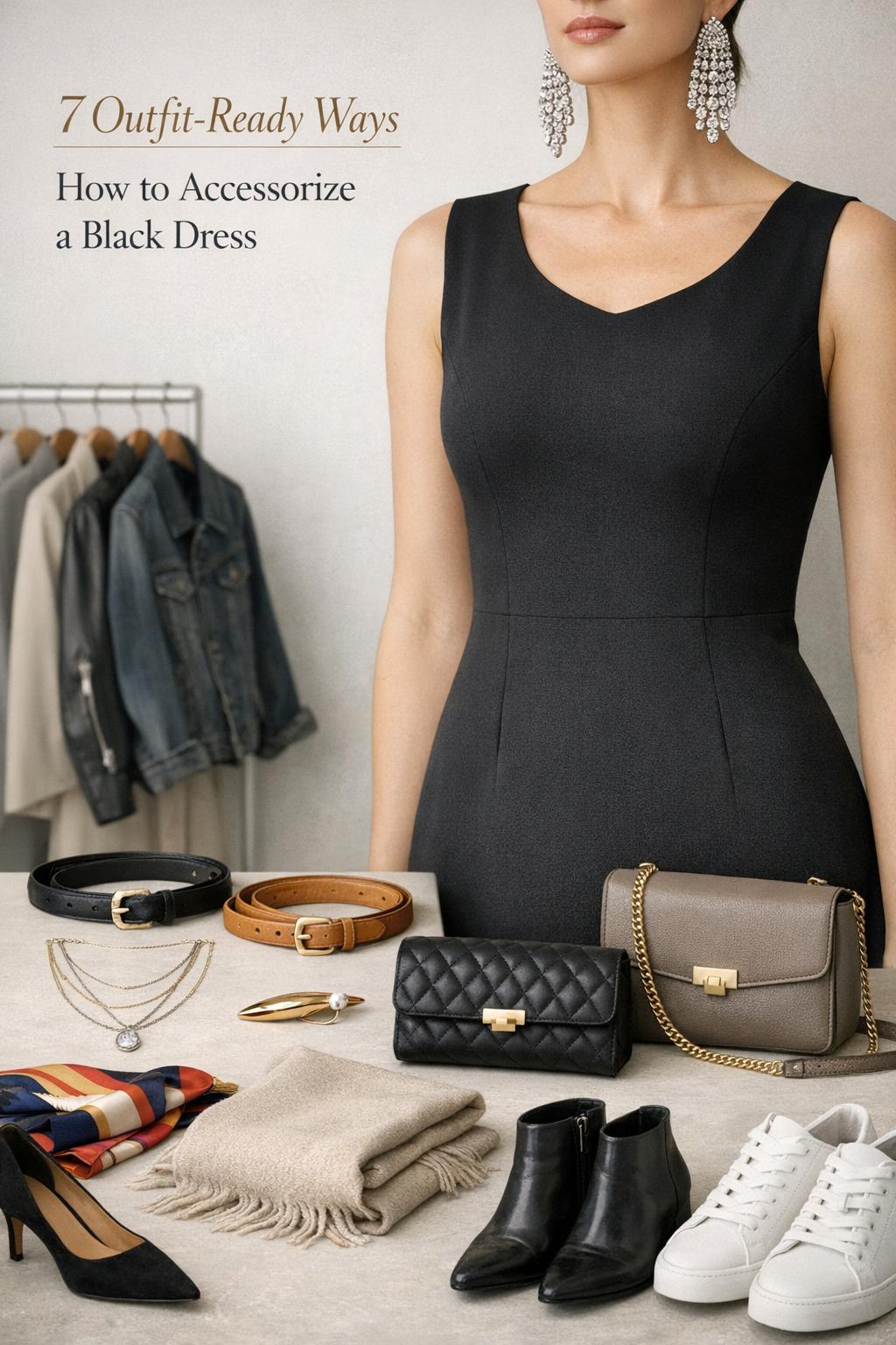 How to accessorize a black dress with 7 outfit-ready ways, featuring statement jewelry, belts, scarves, bags, and shoes.