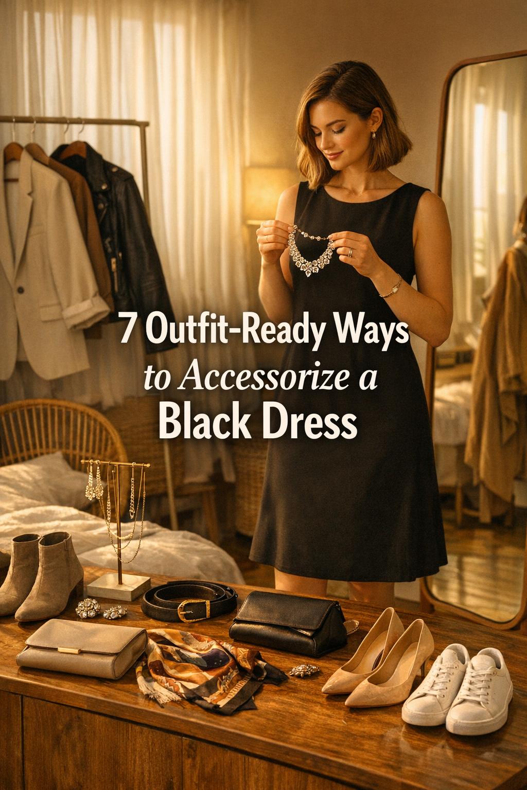 How to accessorize a black dress with necklaces and belts in a golden-hour bedroom mirror styling scene