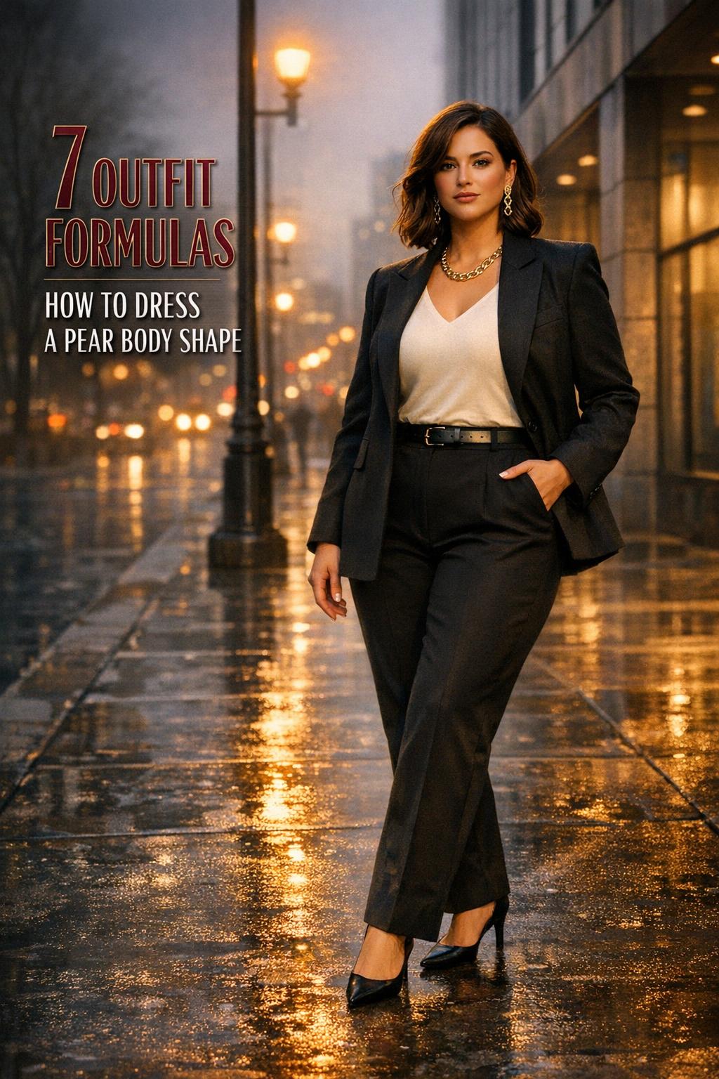 How to dress a pear body shape cover with woman in blazer and dark trousers on a wet city sidewalk at golden hour