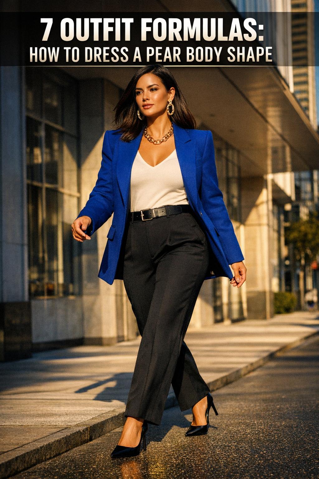 Woman styling outfits to show how to dress a pear body shape with balanced proportions and flattering layers