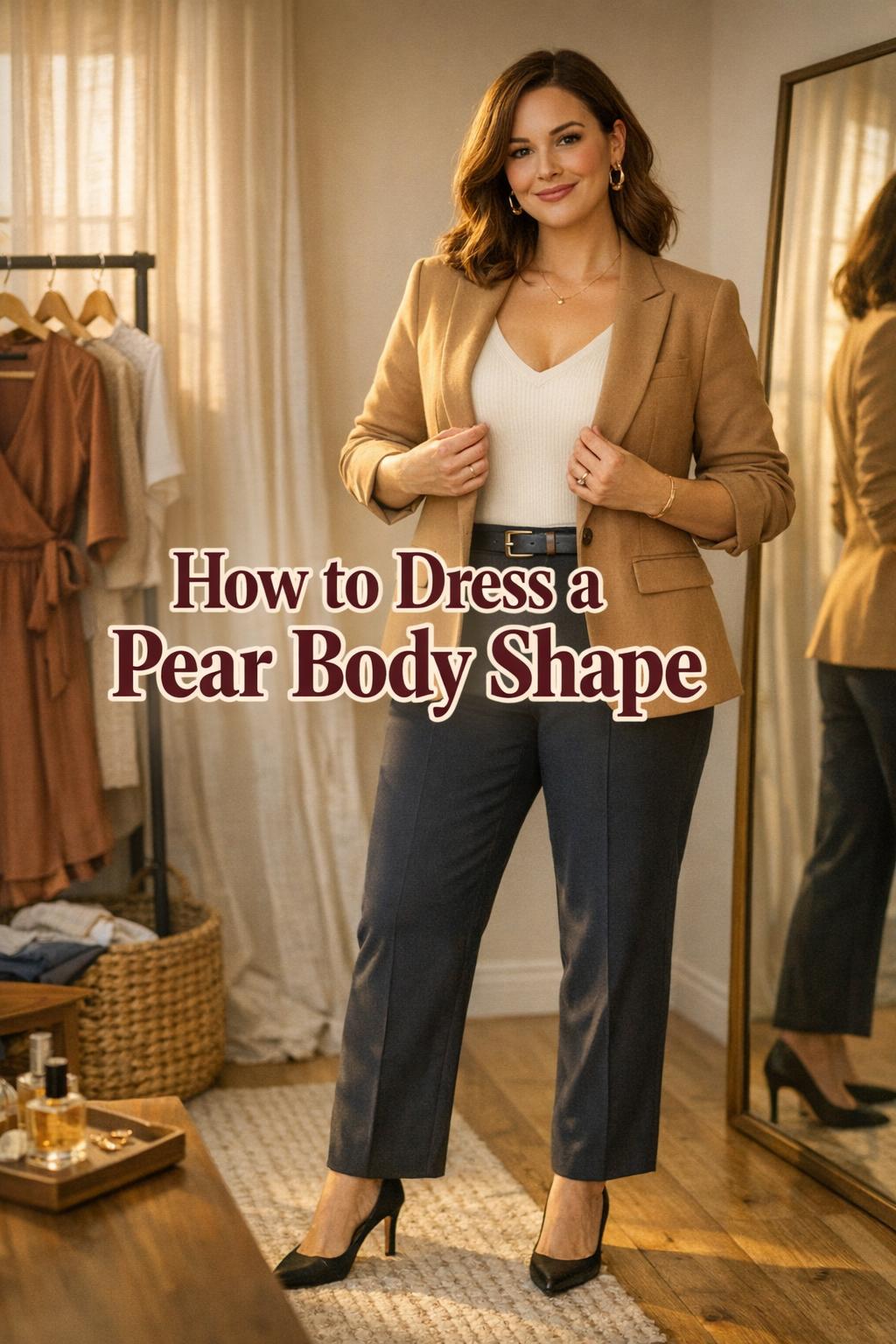 how to dress a pear body shape tips shown in warm bedroom mirror photo, woman in camel blazer and dark trousers