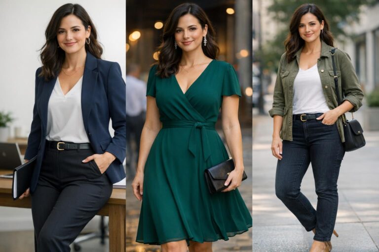 How to dress a pear body shape with a V-neck blouse, structured blazer, and dark tailored pants for a balanced silhouette