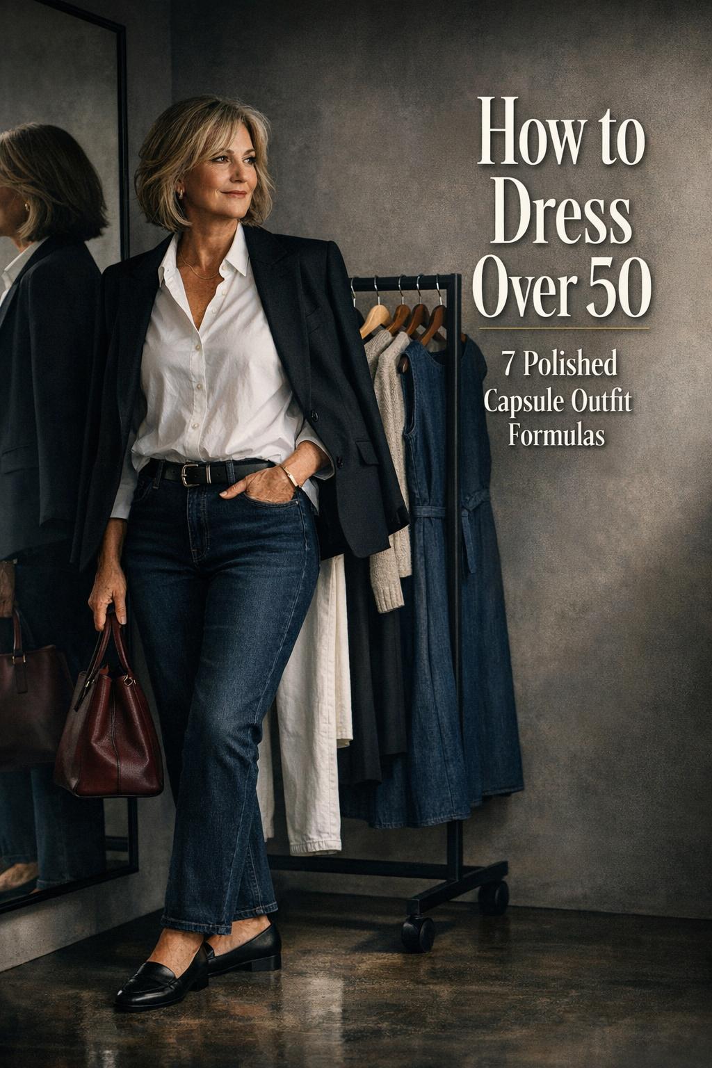 How to dress over 50 capsule outfits: elegant woman in blazer and jeans by wardrobe rack with text space