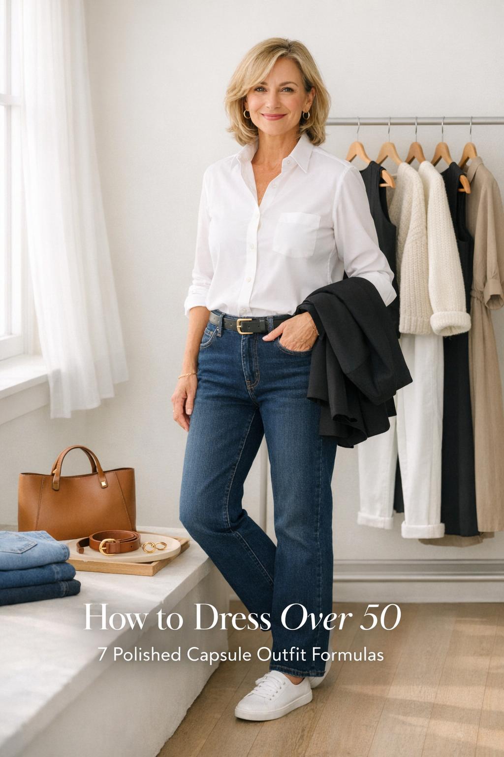 How to dress over 50 Pinterest cover with woman in white shirt and dark jeans beside a minimalist capsule wardrobe rack