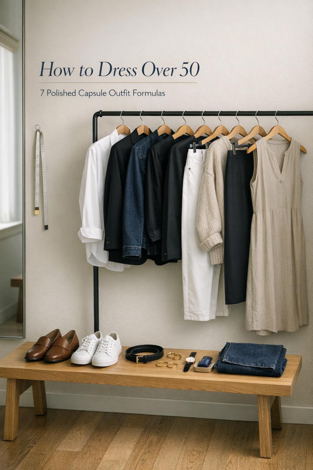 How to dress over 50 capsule wardrobe rack with blazer, jeans, loafers and accessories in a minimalist fitting-room setting.