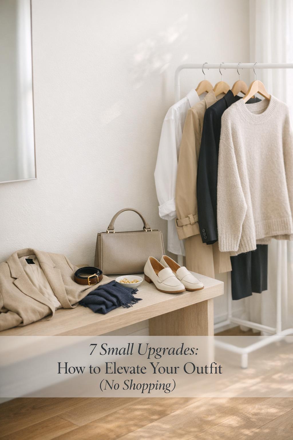 Bright minimalist closet corner showing neutral basics and accessories, how to elevate your outfit with small upgrades