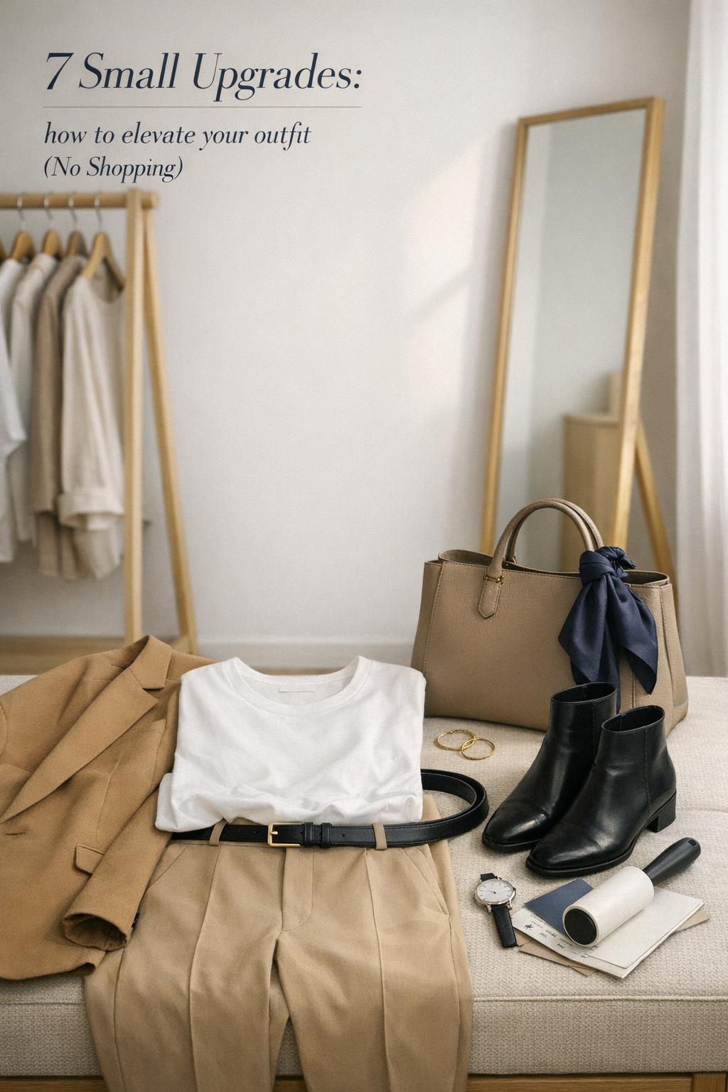Minimalist closet flat lay showing how to elevate your outfit with blazer, scarf accent, and tailored beige trousers