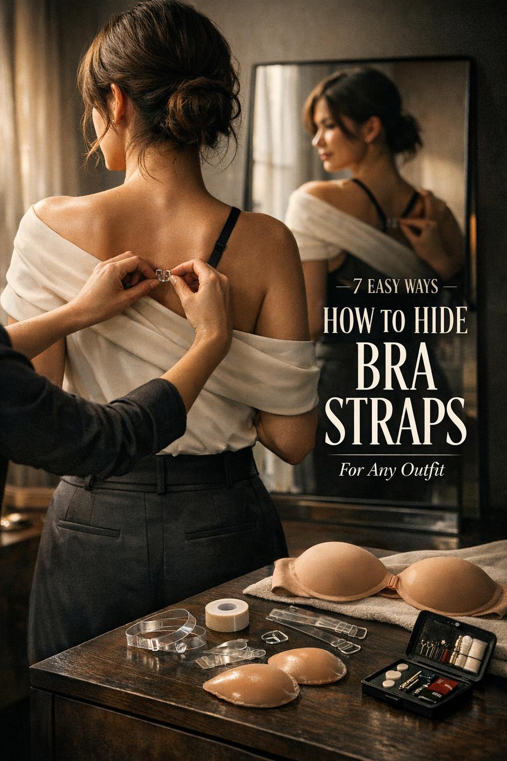 How to hide bra straps with a woman adjusting an off-shoulder top beside a mirror and strap tools on a dresser