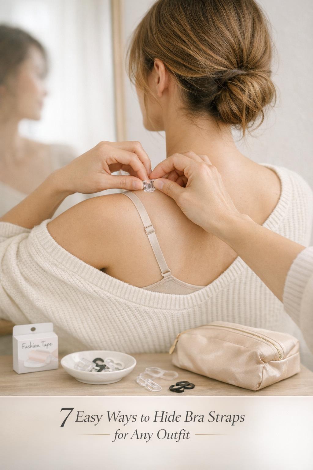 How to hide bra straps with a racerback clip as a woman adjusts her bra straps in a bright, neutral bedroom mirror