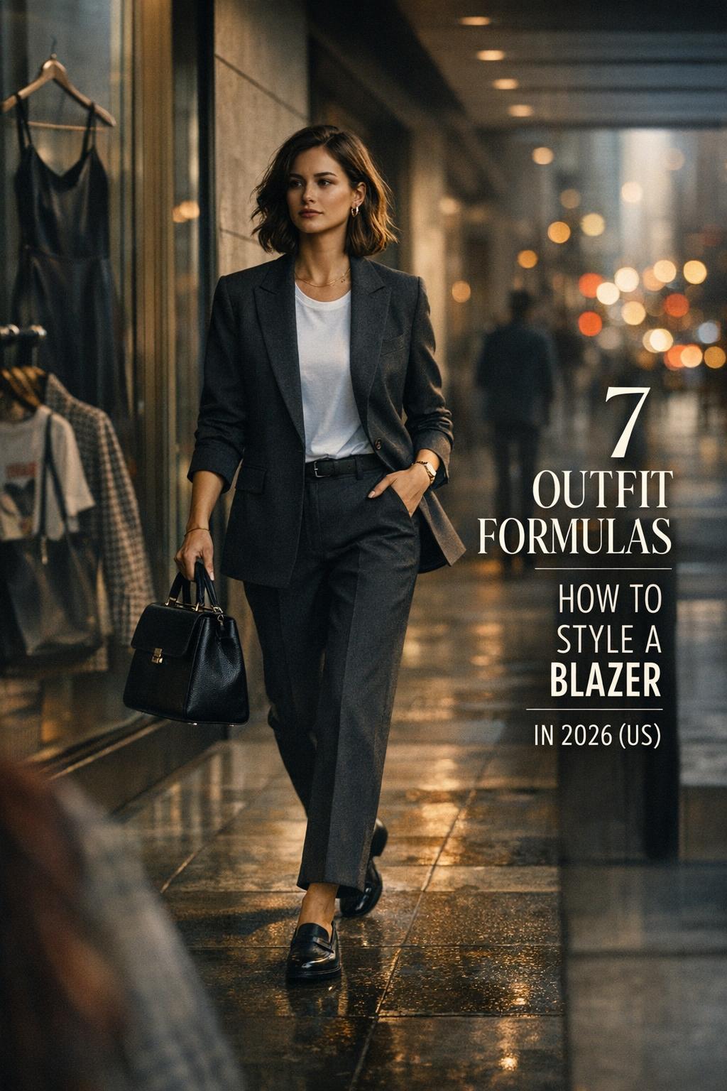 How to style a blazer in 2026: modern woman in charcoal suit walking downtown with cinematic golden-hour light