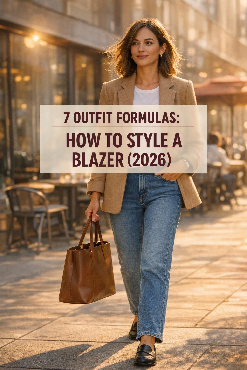 How to style a blazer: stylish woman in camel blazer and jeans walking a sunlit city sidewalk at golden hour