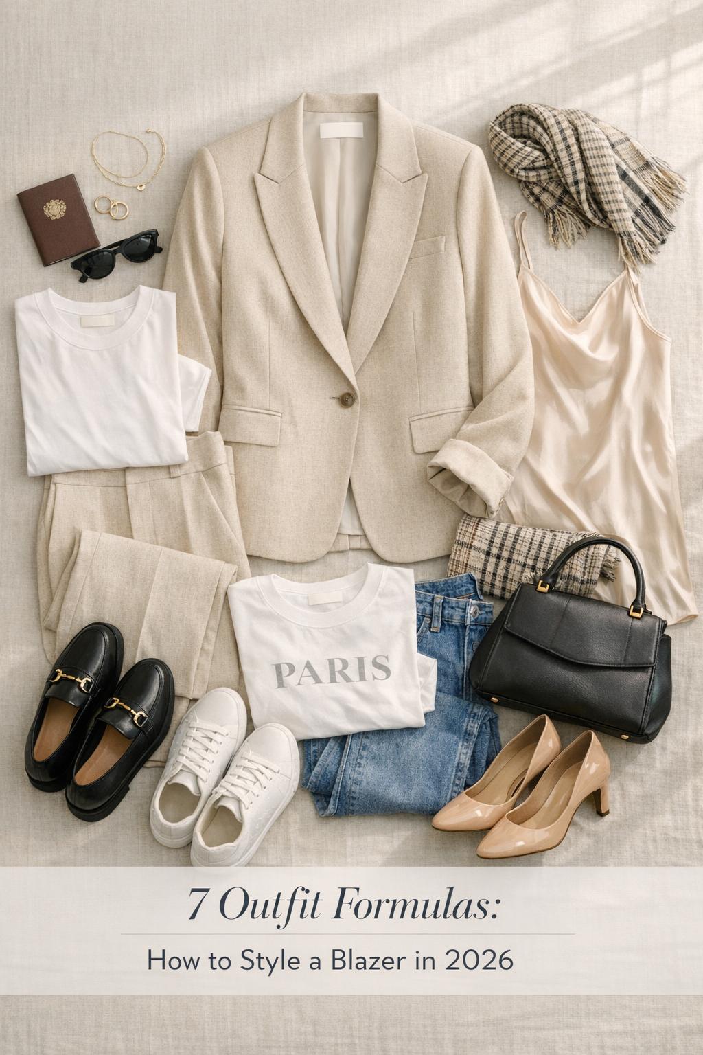 How to style a blazer flatlay with neutral capsule wardrobe pieces, loafers, sneakers, bag, and gold jewelry in soft light