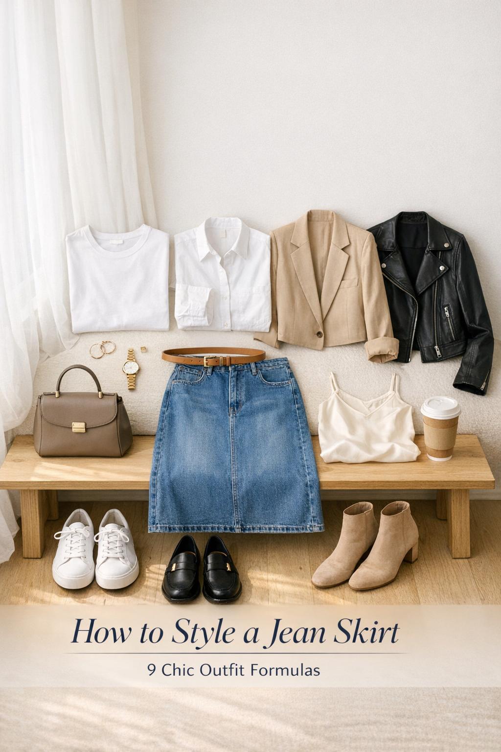 How to style a jean skirt flat lay with denim midi skirt, neutral tops, blazer, leather jacket, and shoes in a bright studio