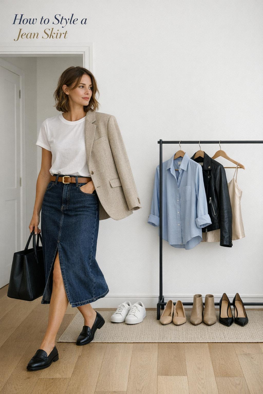 How to style a jean skirt outfit in a bright modern entryway with denim midi skirt, white tee, blazer, loafers and tote