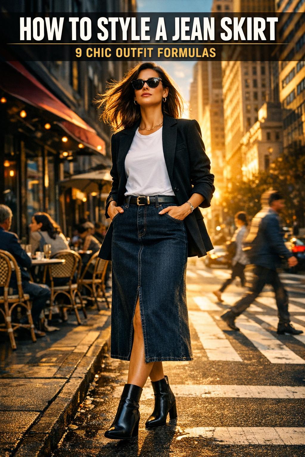 How to style a jean skirt with a white blouse, leather belt, and ankle boots on a sunny city street