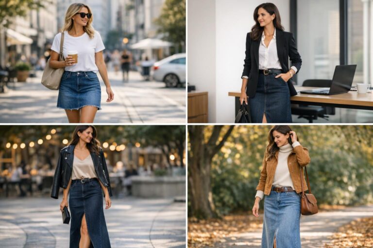 How to style a jean skirt with a white tee, belt, and sneakers for a chic casual outfit.