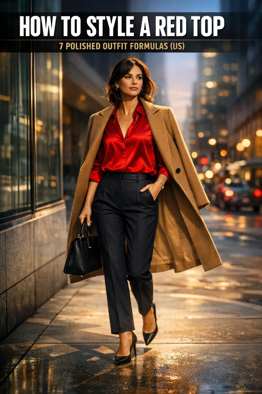 Woman showing how to style a red top with high-waisted jeans, gold jewelry, and a neutral blazer in a city street